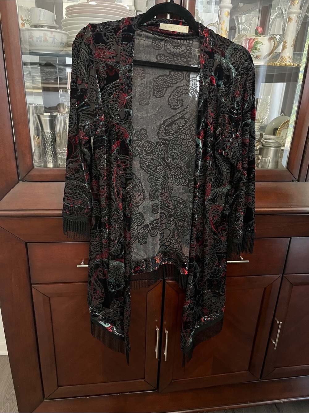 MINKPINK Velvet Burnout Open-Front Kimono in Black with Red Accents